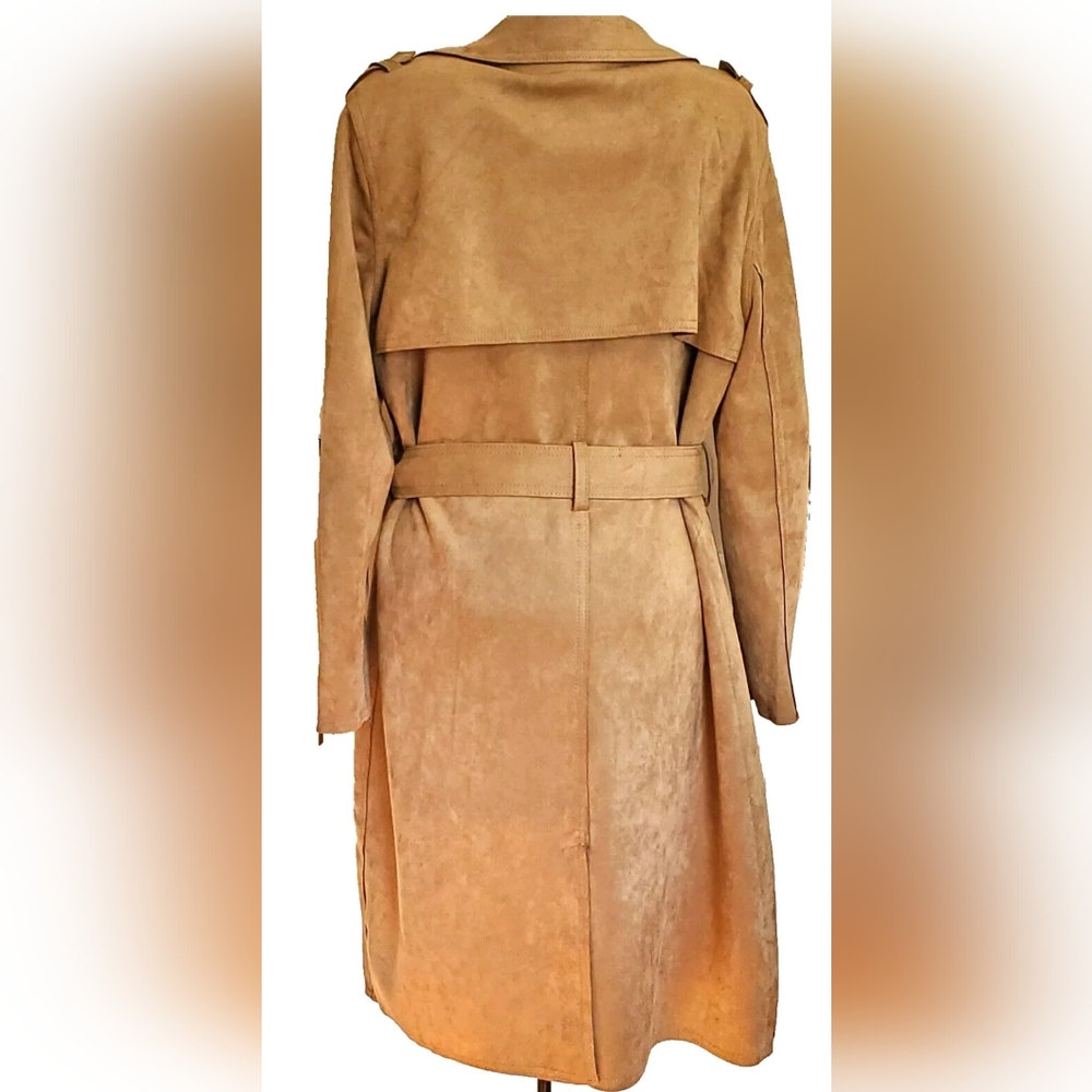 Tahari Faux Suede Women's Tan Trench Coat Size M - Picture 2 of 7